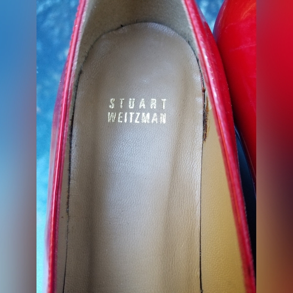 Size 10.5 Shiny Red High Heel Shoes Stuart Weiztman Leather Peep Toe Bow Ladies - Picture 5 of 12